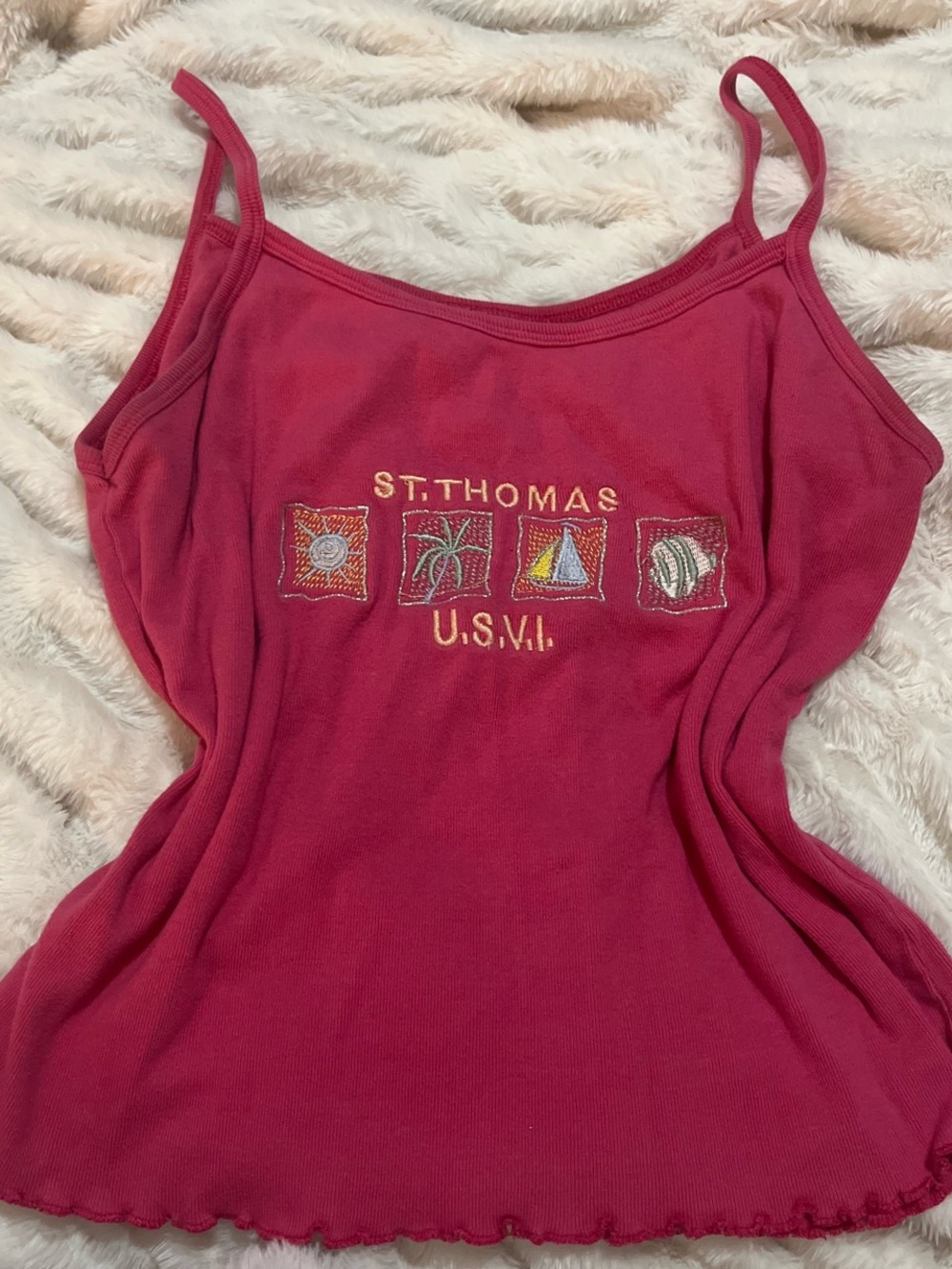 USVI Red Embroidered Spaghetti Strap Tank Top
